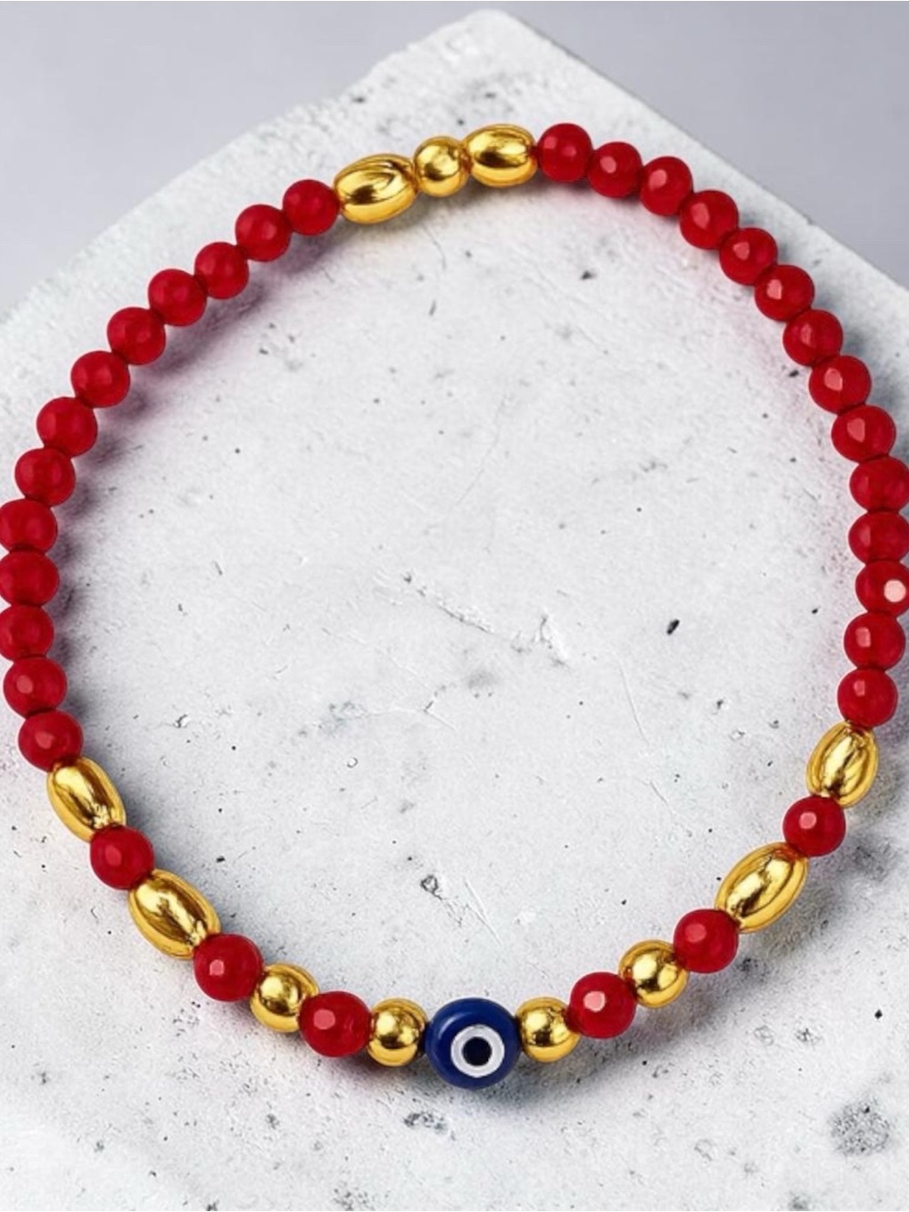 Gold & Red Beaded Bracelet with Blue Evil Eye Accent